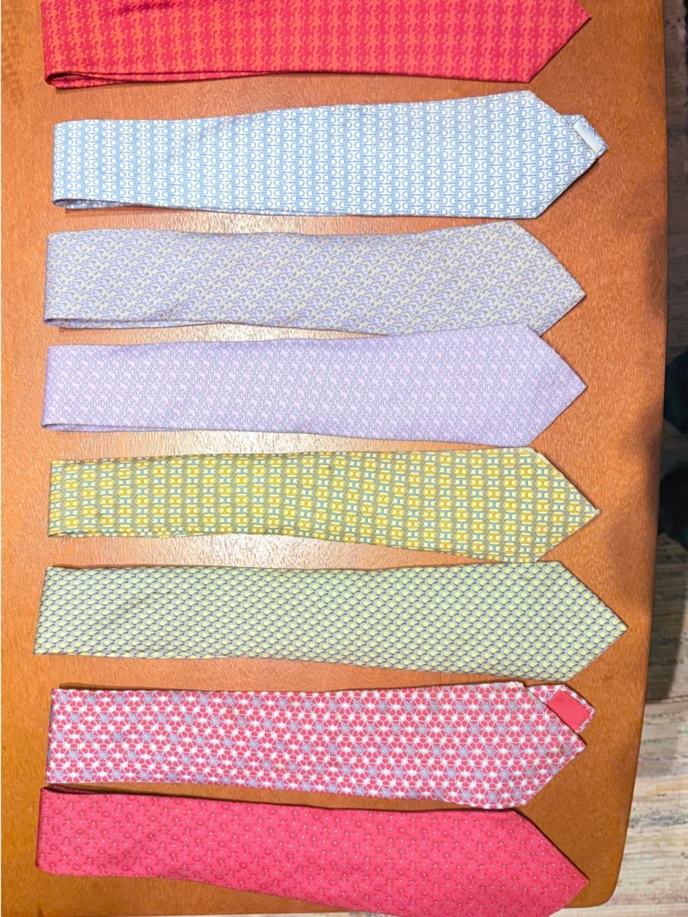 Hermes Assorted Silk Ties in Coral, Light Blue, Lavender, Yellow, Green, Pink